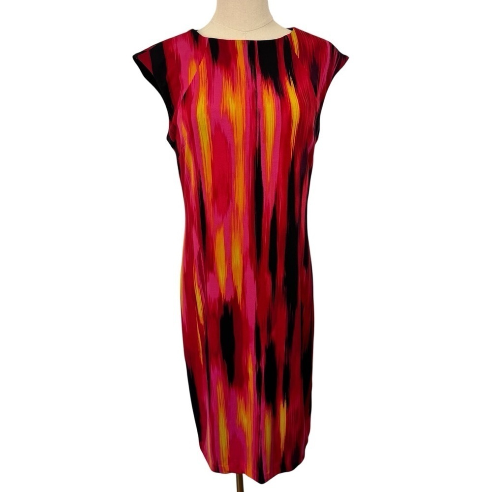 Carmen Marc Valvo Sheath Cocktail Dress Sz M Bright Knee Length Cap Sleeve EUC!
